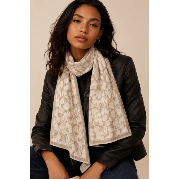 Coach Accessories - Coach Metallic Signature C Logo Knit Scarf Ivory Gold Wool Blend